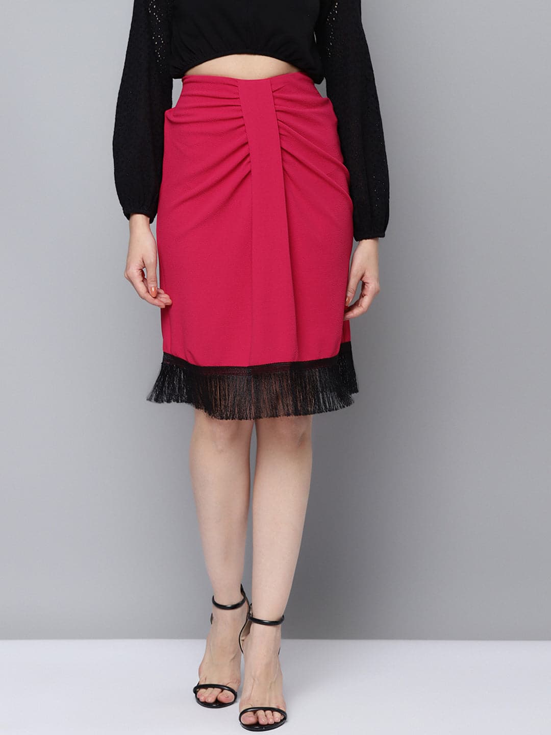 Women Fuchsia Fringe Lace Skirt-Skirts-SASSAFRAS