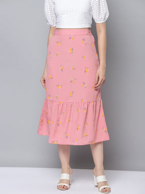 Women Pink Floral Frill Hem Skirt-Skirts-SASSAFRAS