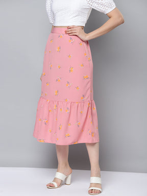 Women Pink Floral Frill Hem Skirt