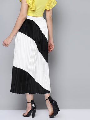 Women White & Black Colour Block Pleated Skirt