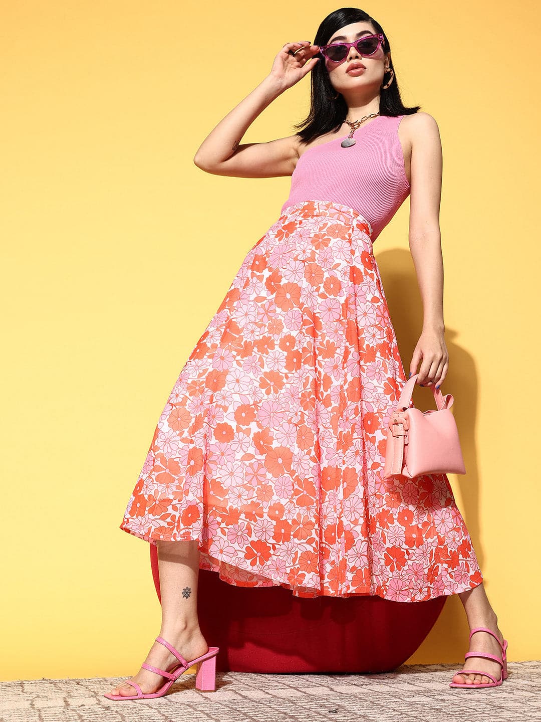 Orange & Pink Floral Flared Midi Skirt-SASSAFRAS