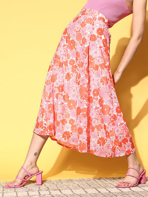 Women Orange & Pink Floral Flared Midi Skirt