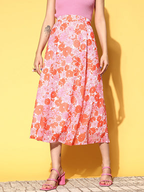 Women Orange & Pink Floral Flared Midi Skirt