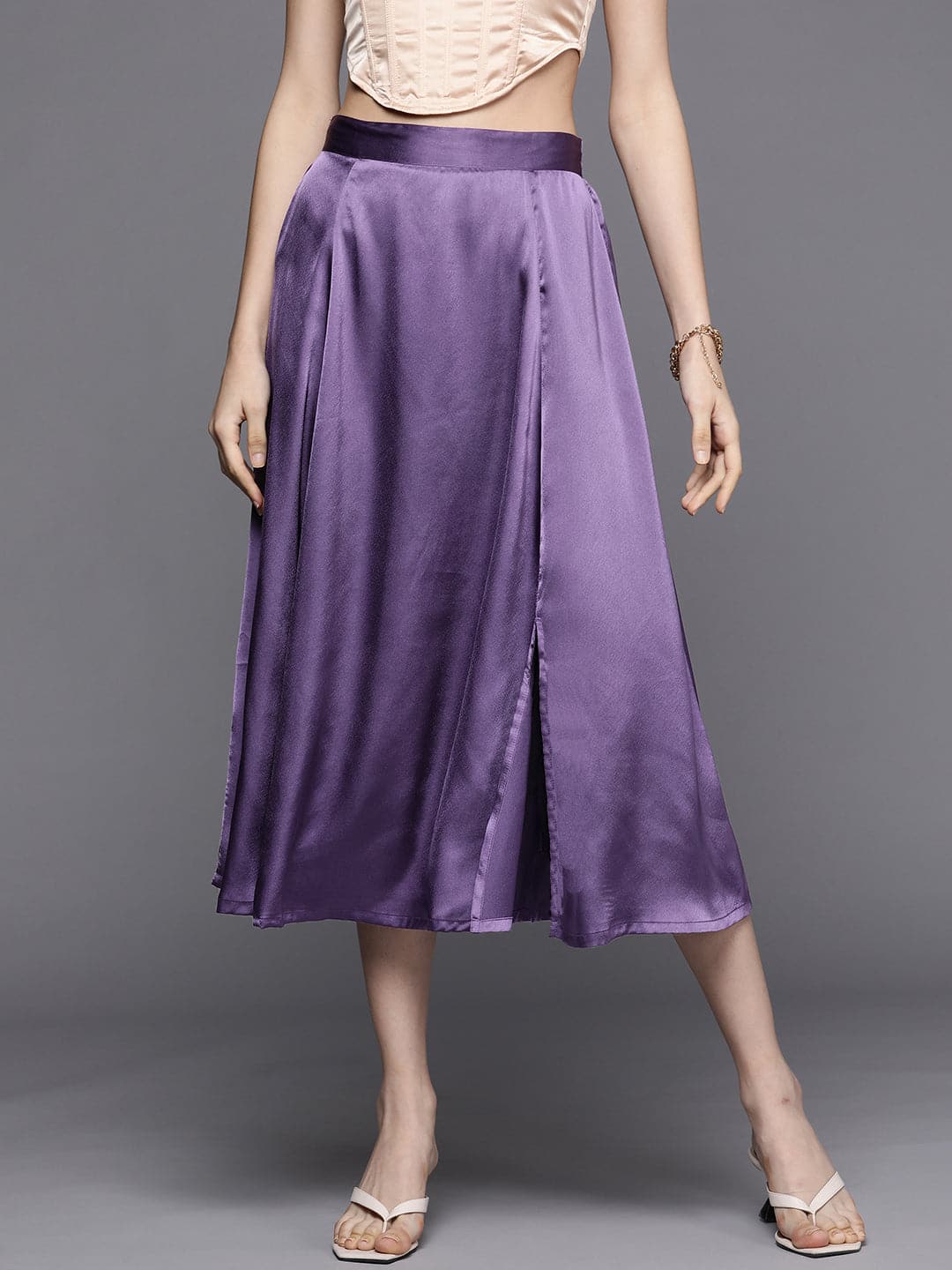 Purple Satin Front Slit Flared Midi Skirt-SASSAFRAS