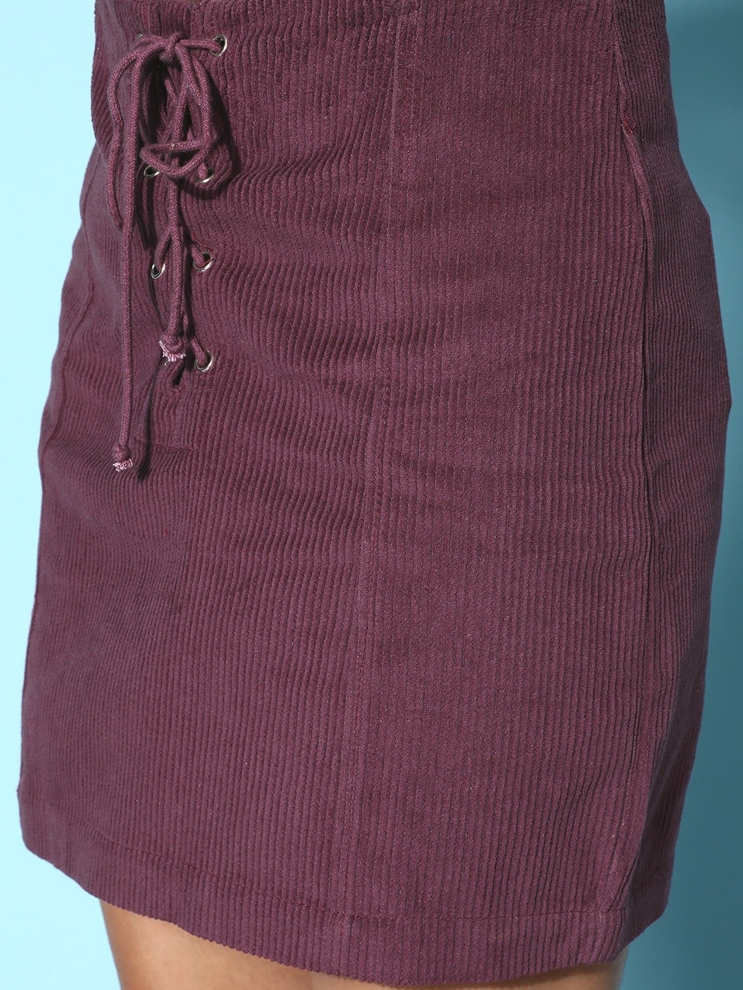 Women Purple Corduroy Front Tie Up Mini Skirt