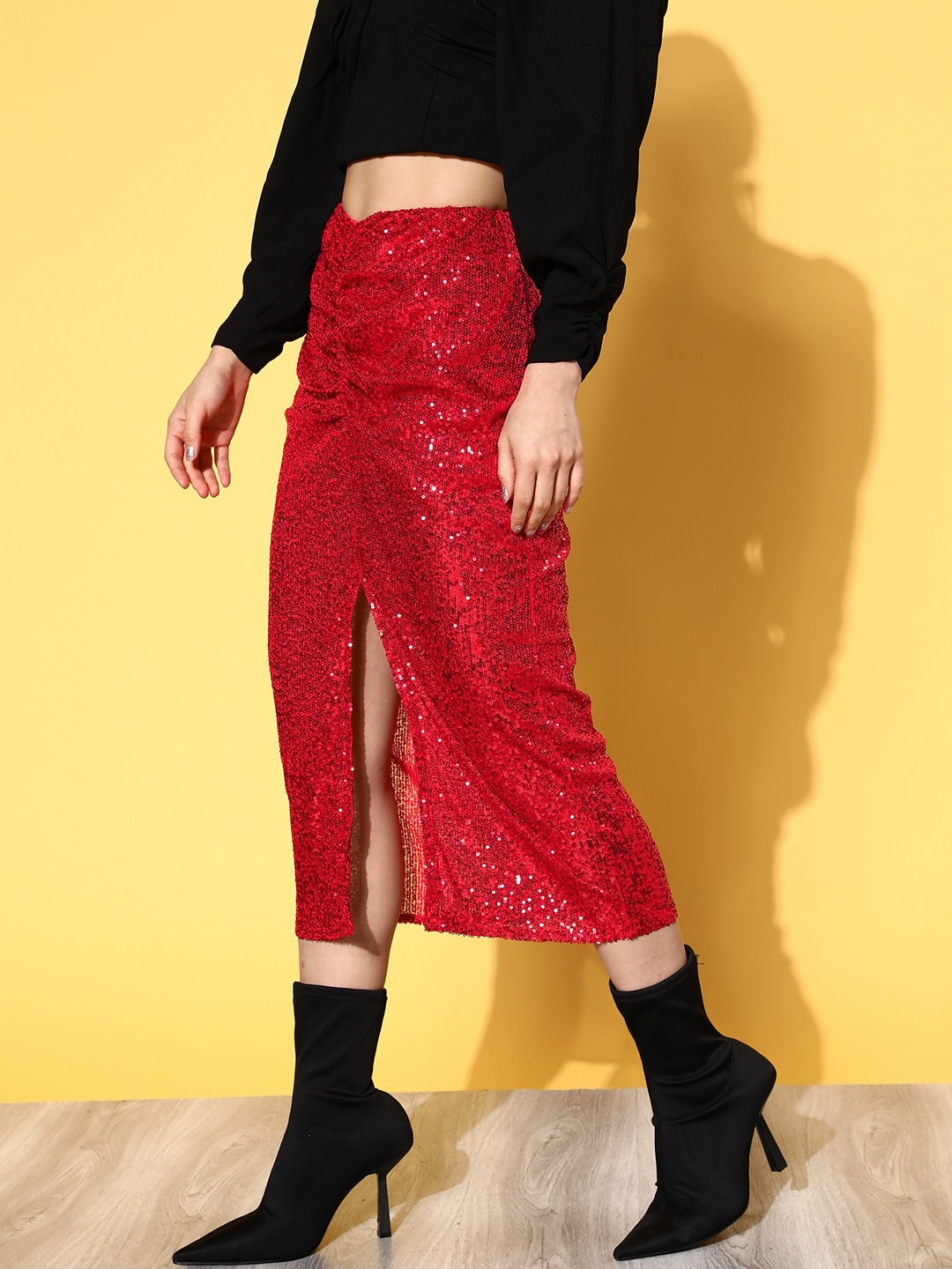 Women Red Sequin Midi Pencil Skirt