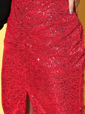 Women Red Sequin Midi Pencil Skirt