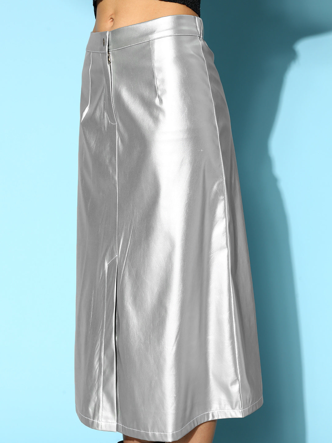 Silver PU A-Line Midi Skirt -SASSAFRAS