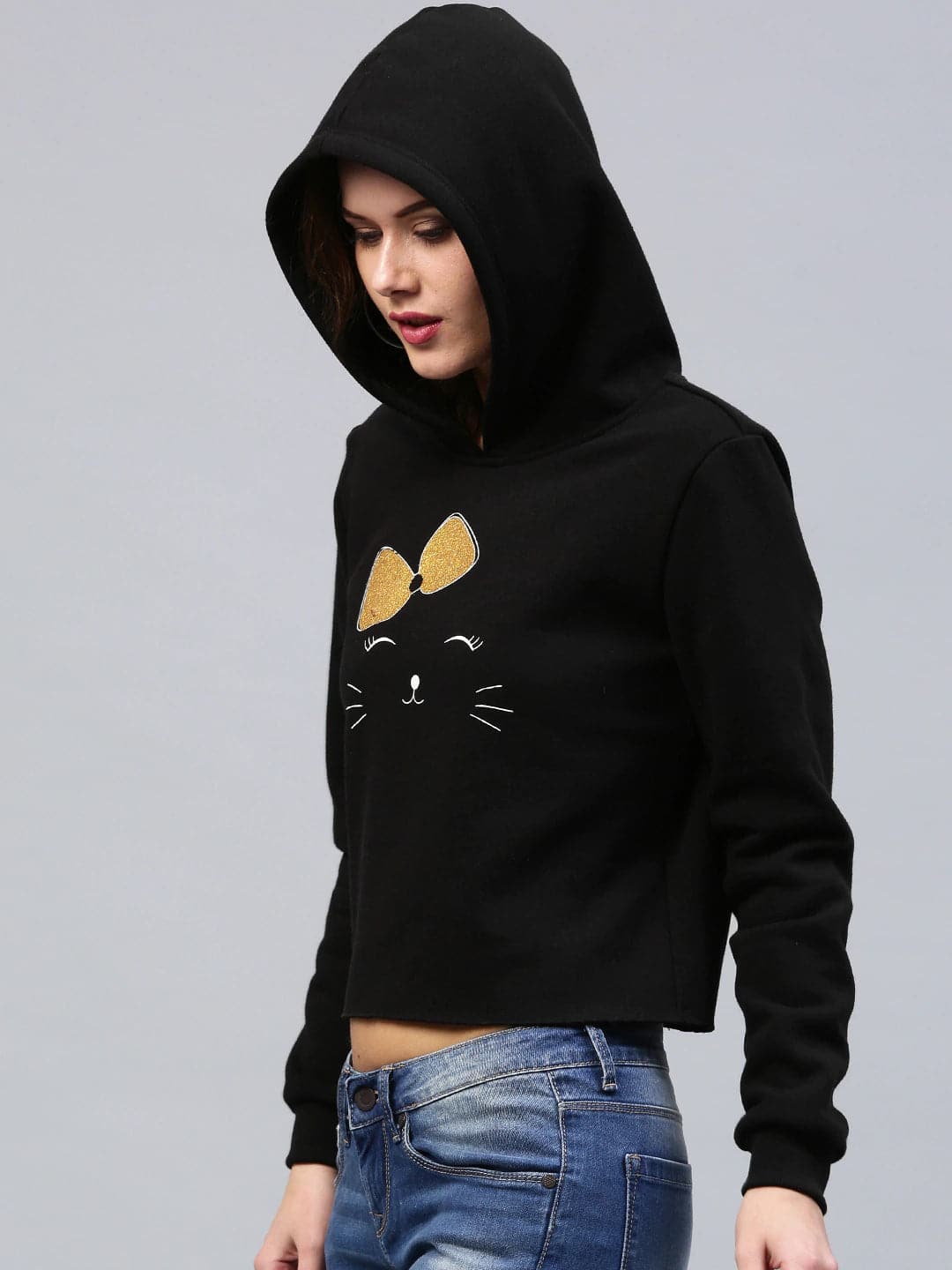Bow Kitty Black Sweatshirt-Sweatshirts-SASSAFRAS