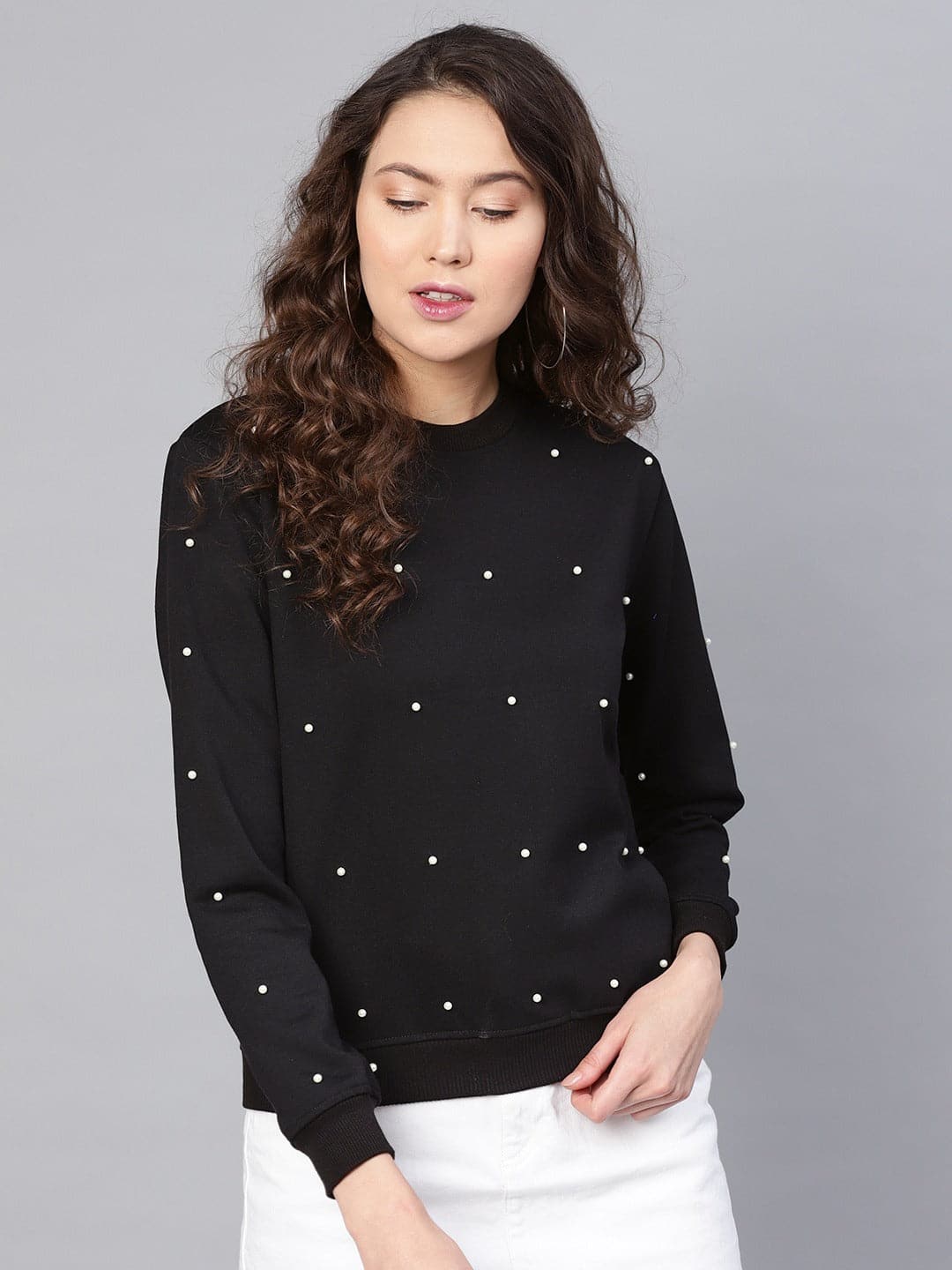 Pearl Beaded Black Sweatshirt-Sweatshirts-SASSAFRAS