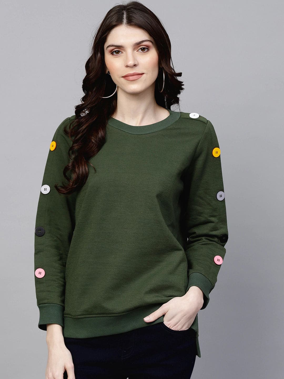 Olive Sweatshirt With Colored Buttons-Sweatshirts-SASSAFRAS