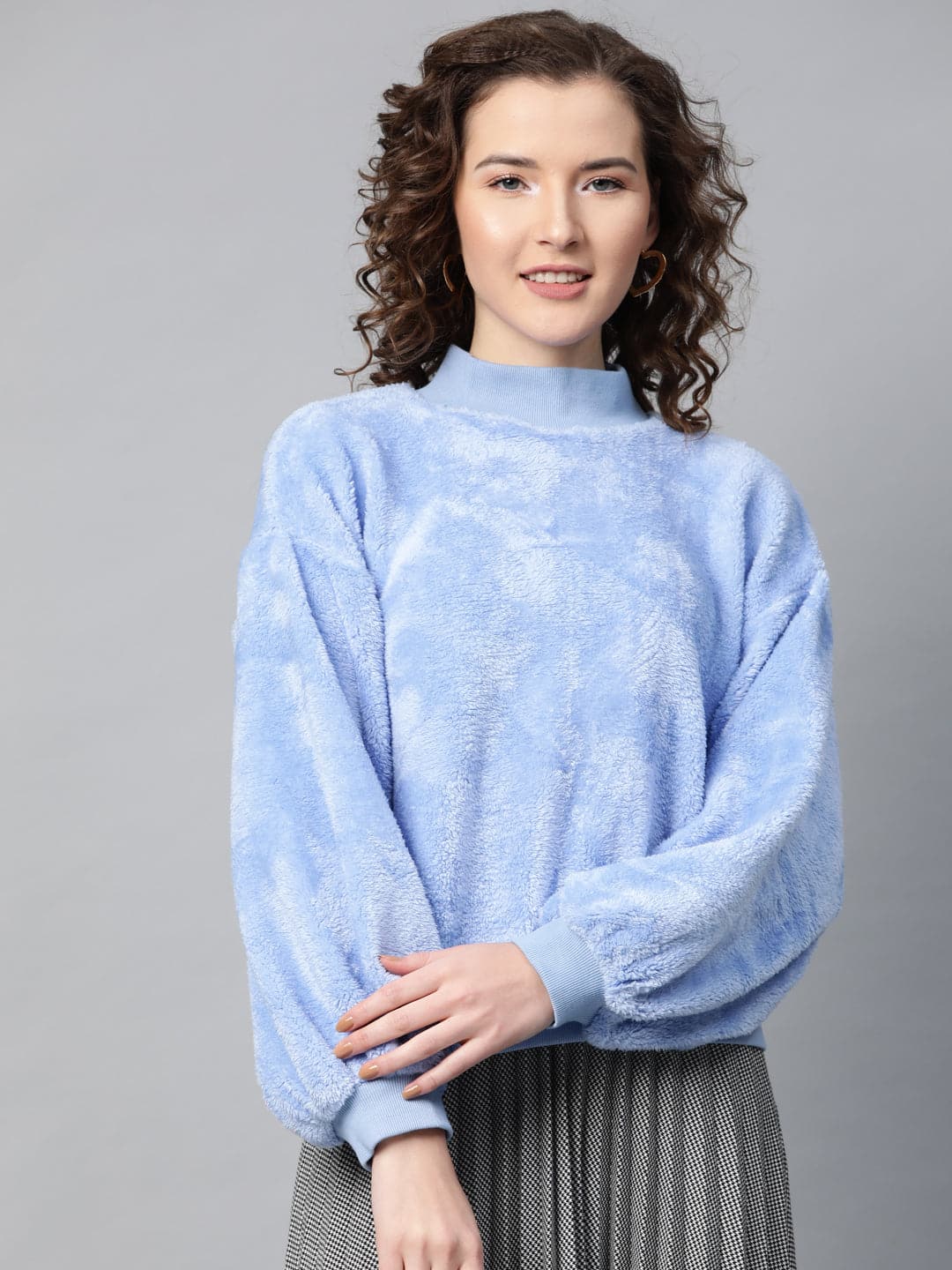 Blue Balloon Sleeve Faux Fur Sweatshirt-Sweatshirts-SASSAFRAS