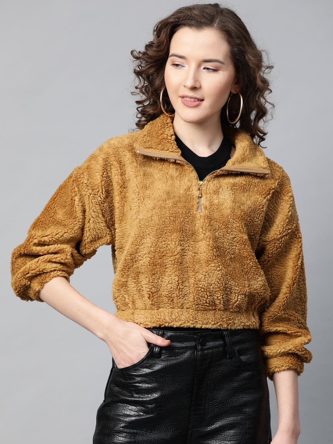 Mustard Zip Front Faux Fur Crop Sweatshirt-Sweatshirts-SASSAFRAS