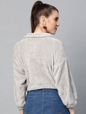 Grey Zip Front Faux Fur Crop Sweatshirt