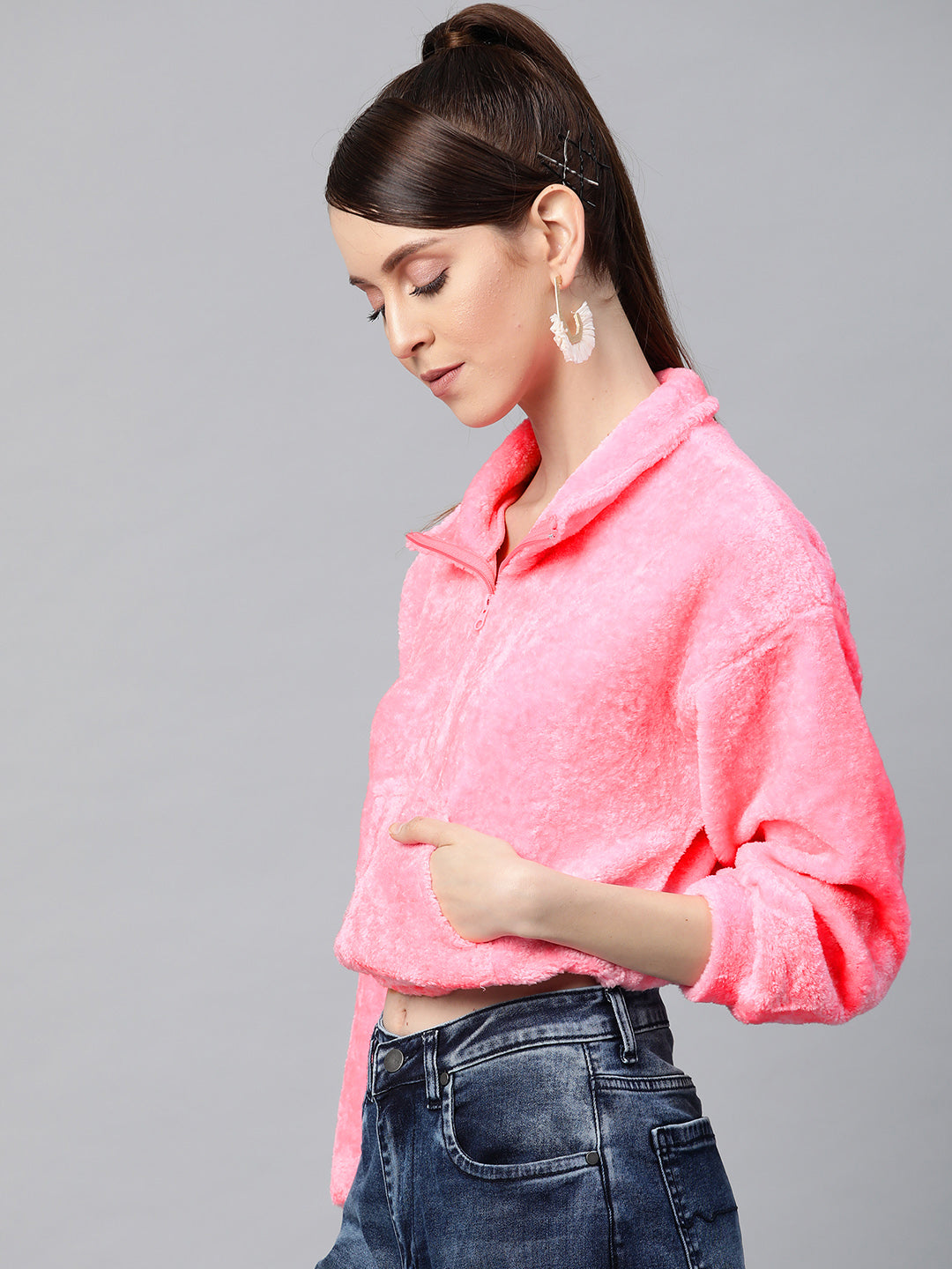 Pink Kangaroo Pocket Faux Fur Crop Sweatshirt