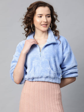 Blue Kangaroo Pocket Faux Fur Crop Sweatshirt-Sweatshirts-SASSAFRAS