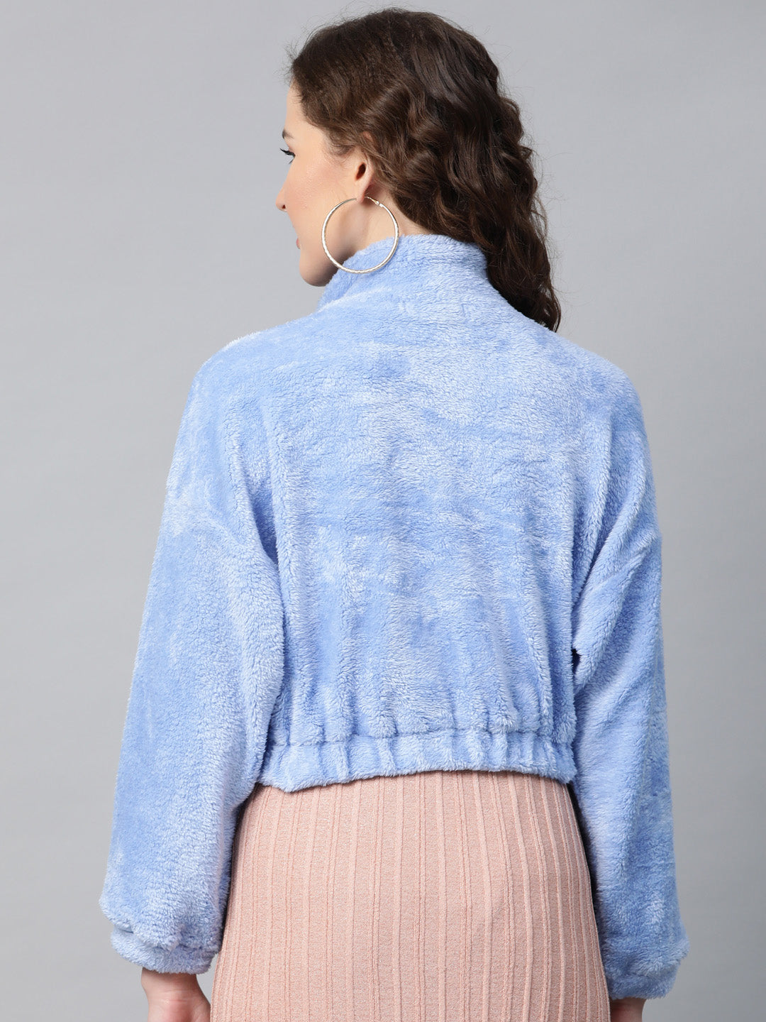 Blue Kangaroo Pocket Faux Fur Crop Sweatshirt