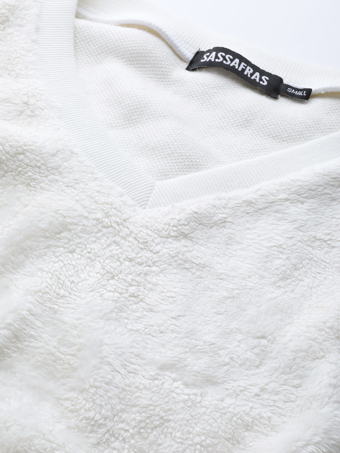 White V-Neck Faux Fur Crop Sweatshirt