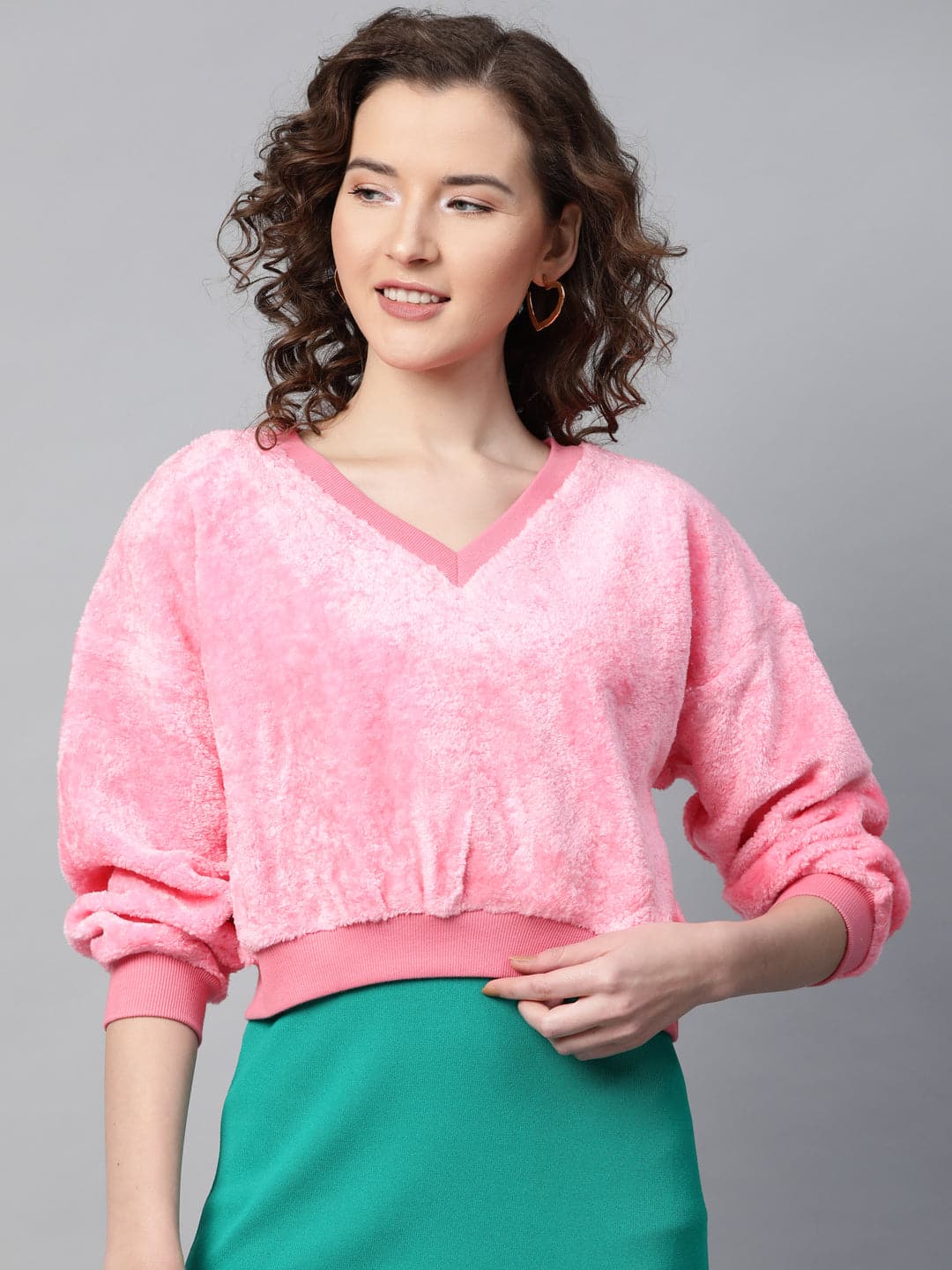 Pink V-Neck Faux Fur Crop Sweatshirt-Sweatshirts-SASSAFRAS