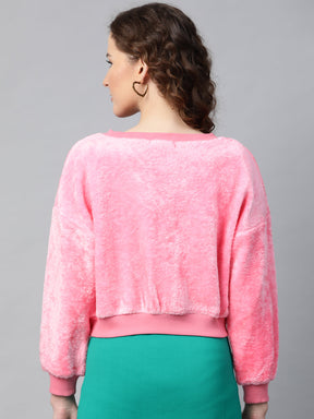 Pink V-Neck Faux Fur Crop Sweatshirt
