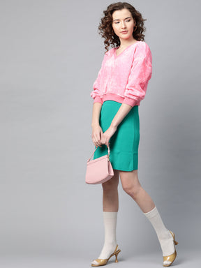 Pink V-Neck Faux Fur Crop Sweatshirt