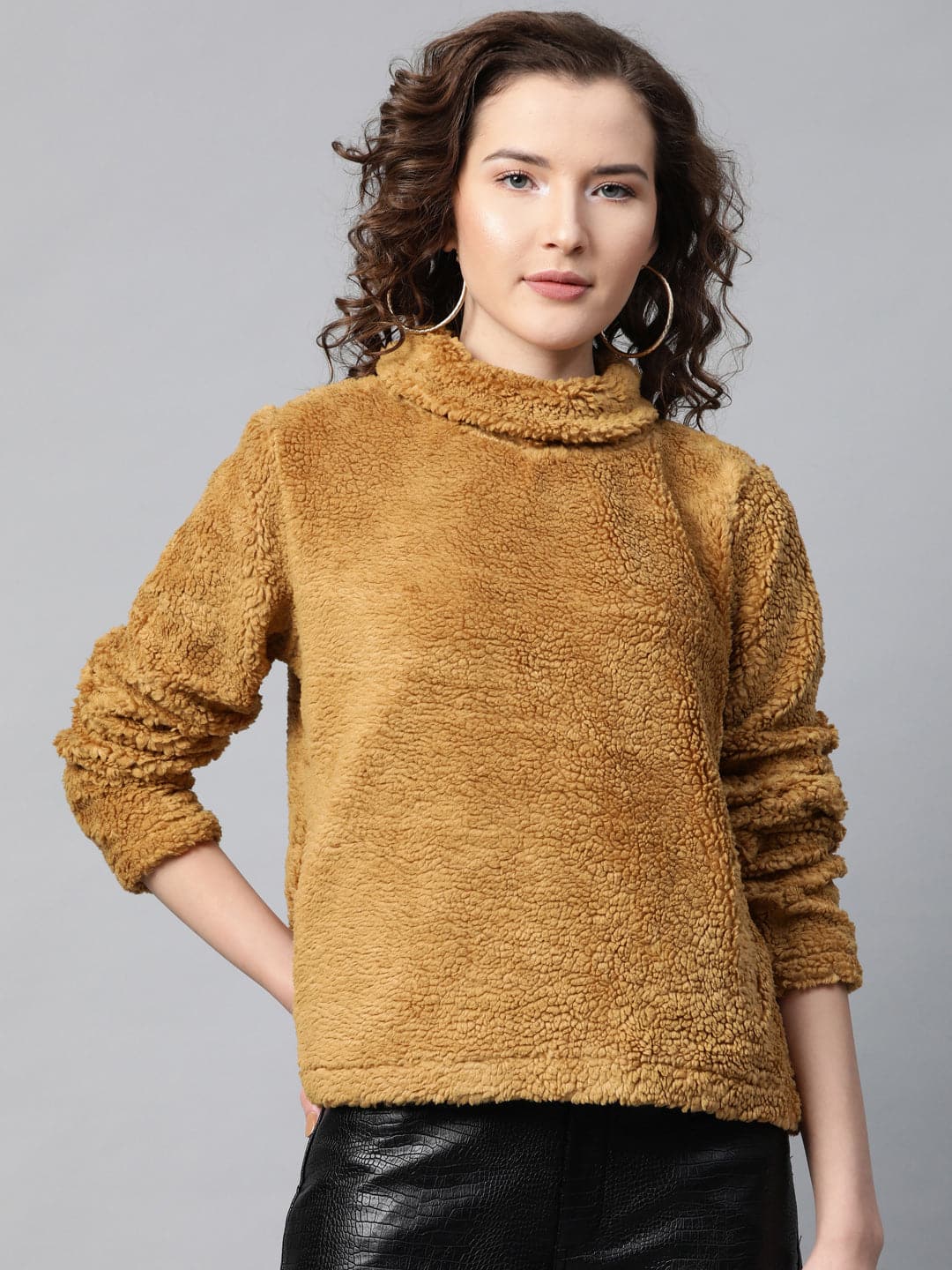Mustard High Neck Faux Fur Sweatshirt-Sweatshirts-SASSAFRAS