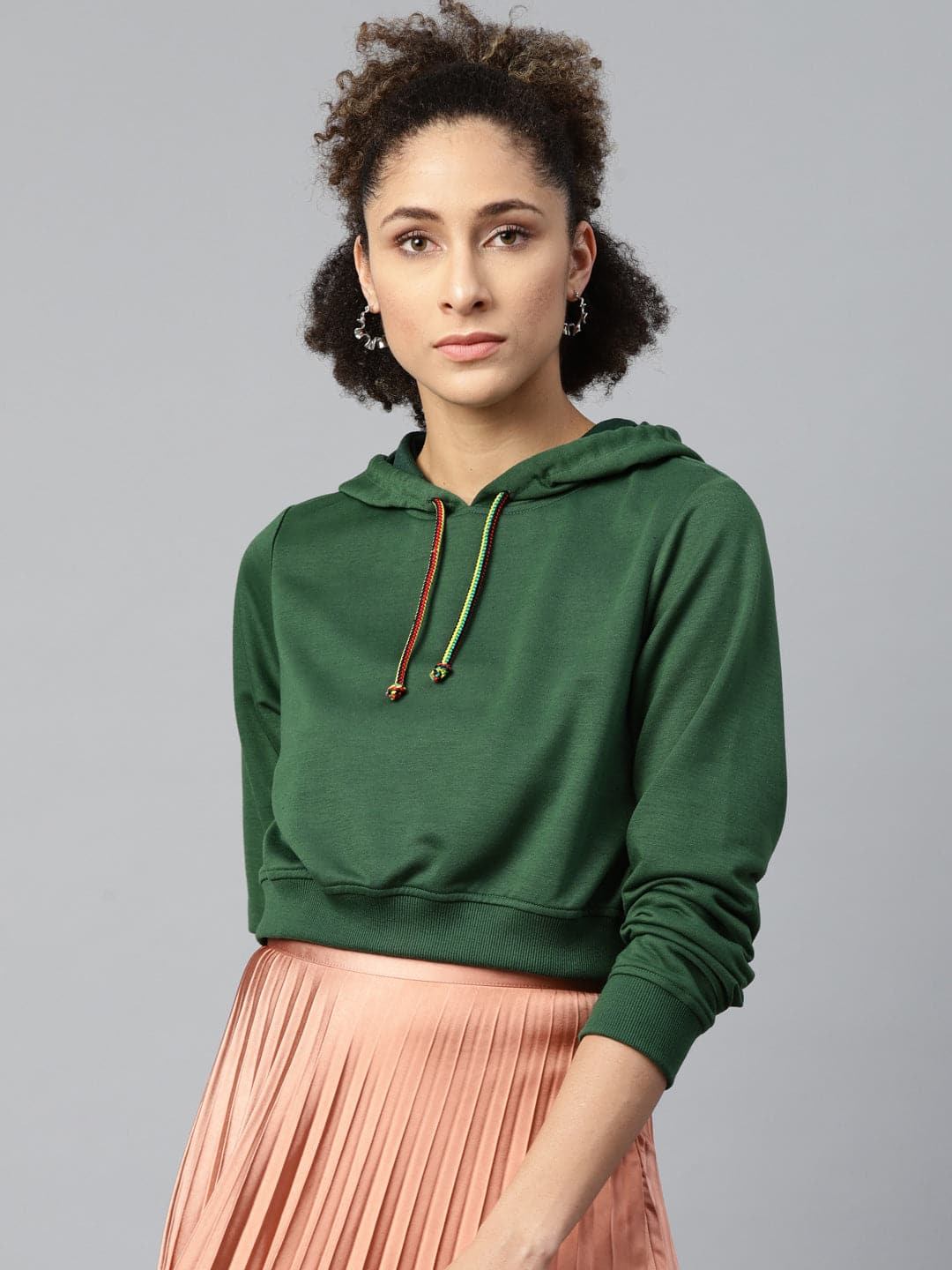 Green Crop Hoodie Basic Sweatshirt-Sweatshirts-SASSAFRAS