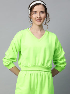 Neon Green V-Neck Crop Sweatshirt-Sweatshirts-SASSAFRAS