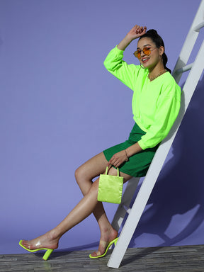 Neon Green V-Neck Crop Sweatshirt-SASSAFRAS