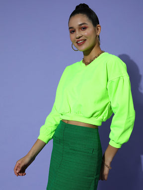Neon Green V-Neck Crop Sweatshirt-SASSAFRAS