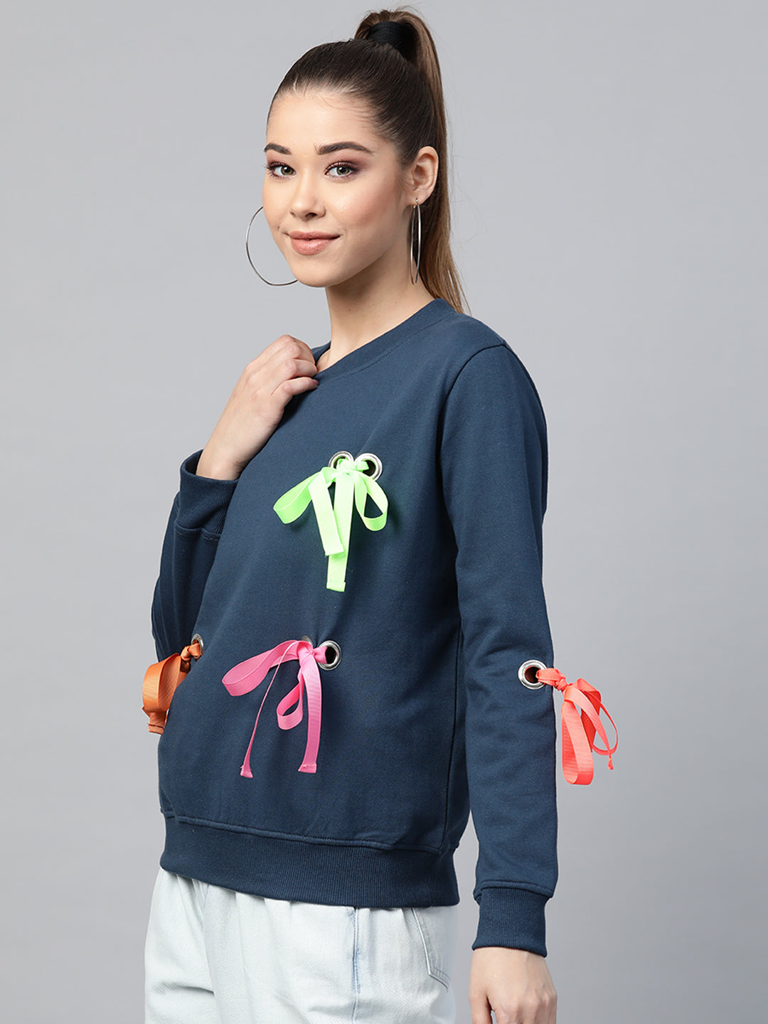 Teal Multicolor Ribbon Detail Sweatshirt-Sweatshirts-SASSAFRAS