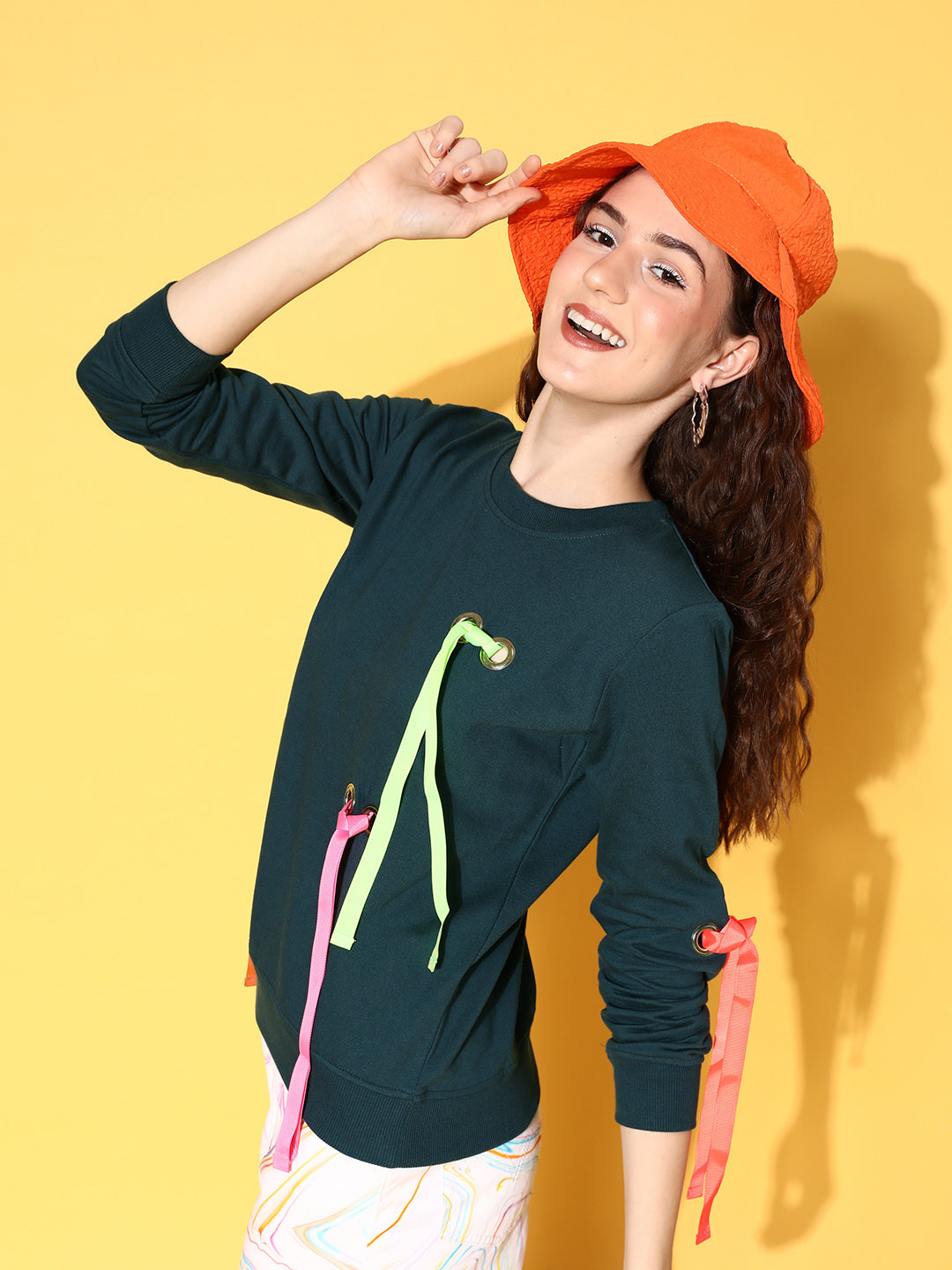 Teal Multicolor Ribbon Detail Sweatshirt-SASSAFRAS