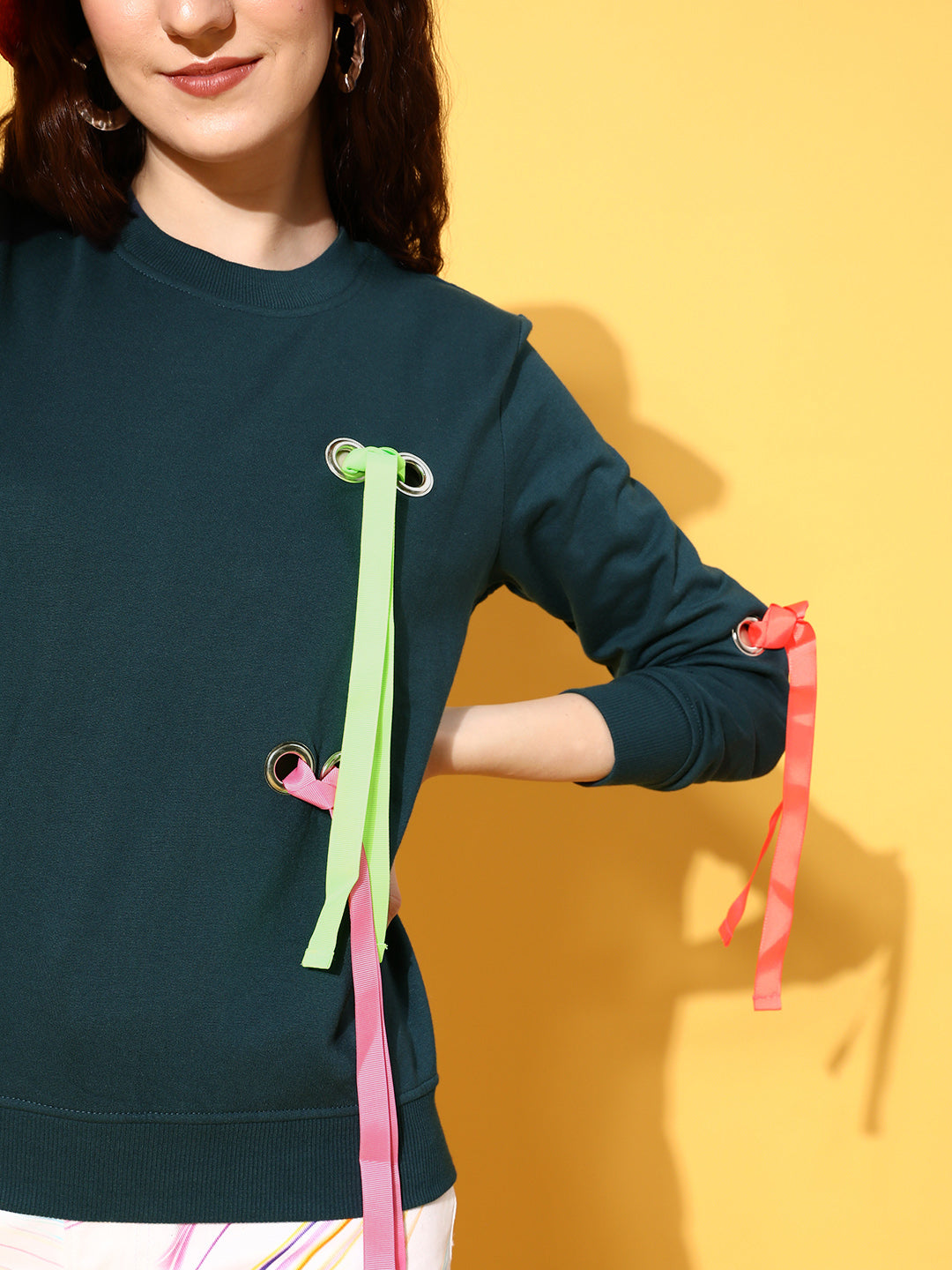 Teal Multicolor Ribbon Detail Sweatshirt-SASSAFRAS