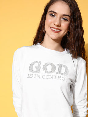 White Velour Studded GOD Sweatshirt-SASSAFRAS