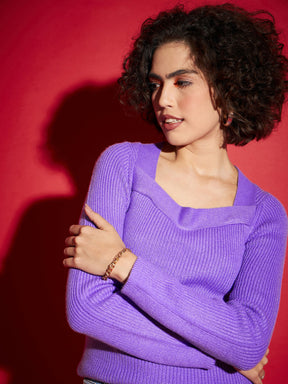 Lavender Rib Square Neck Full Sleeves Sweater-SASSAFRAS