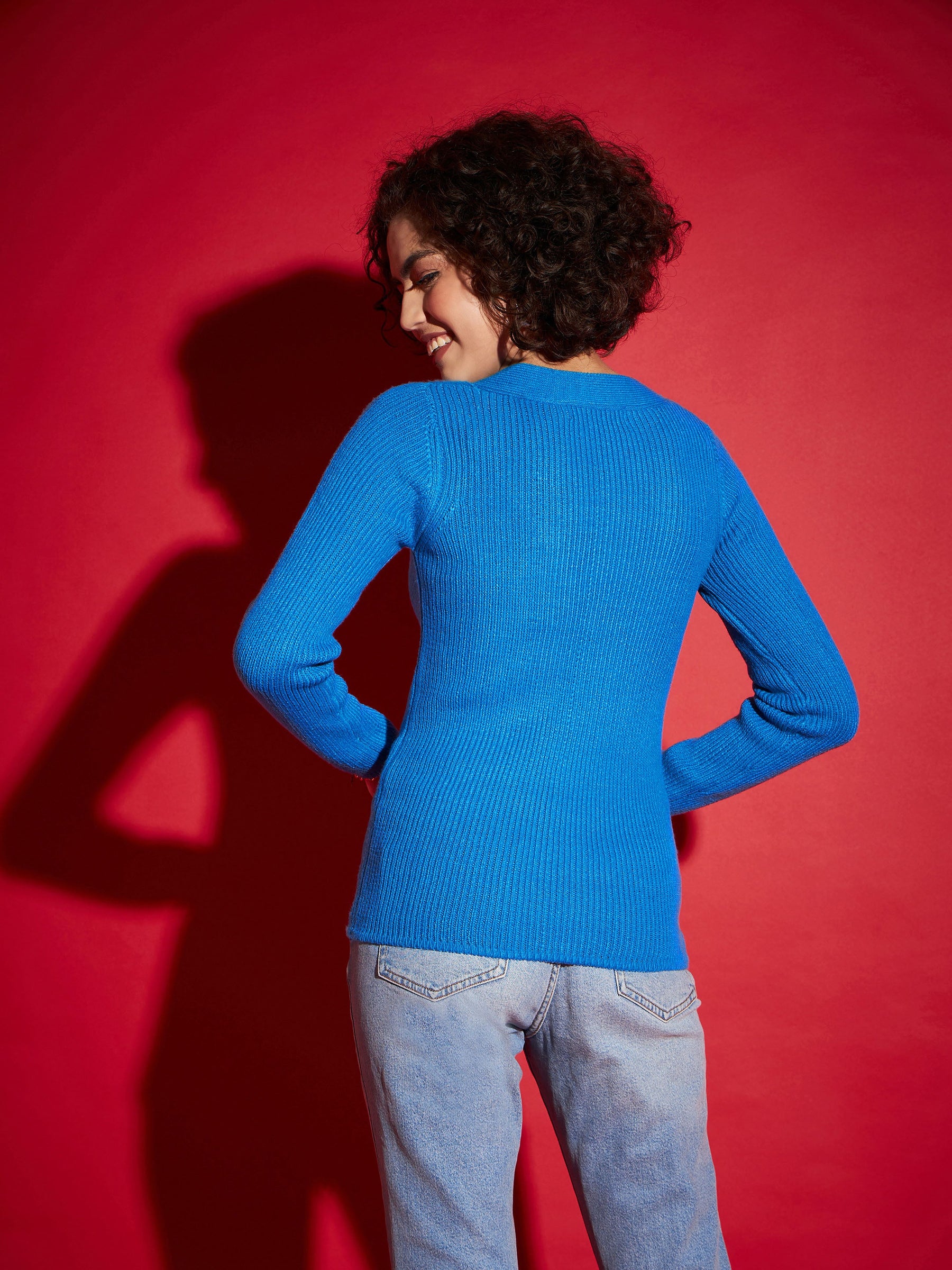 Blue Rib Square Neck Full Sleeves Sweater-SASSAFRAS