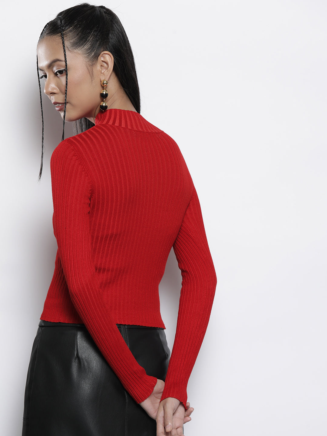Women Red Rib High Neck Full Sleeves Sweater