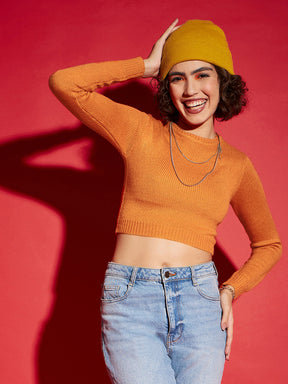 Orange Rib Round Neck Full Sleeves Crop Sweater-SASSAFRAS