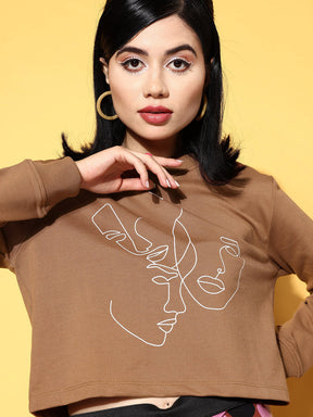 Women Brown Line Art Crop Terry Sweatshirt