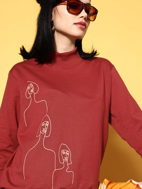 Women Rust Line Art High Neck Terry Sweatshirt