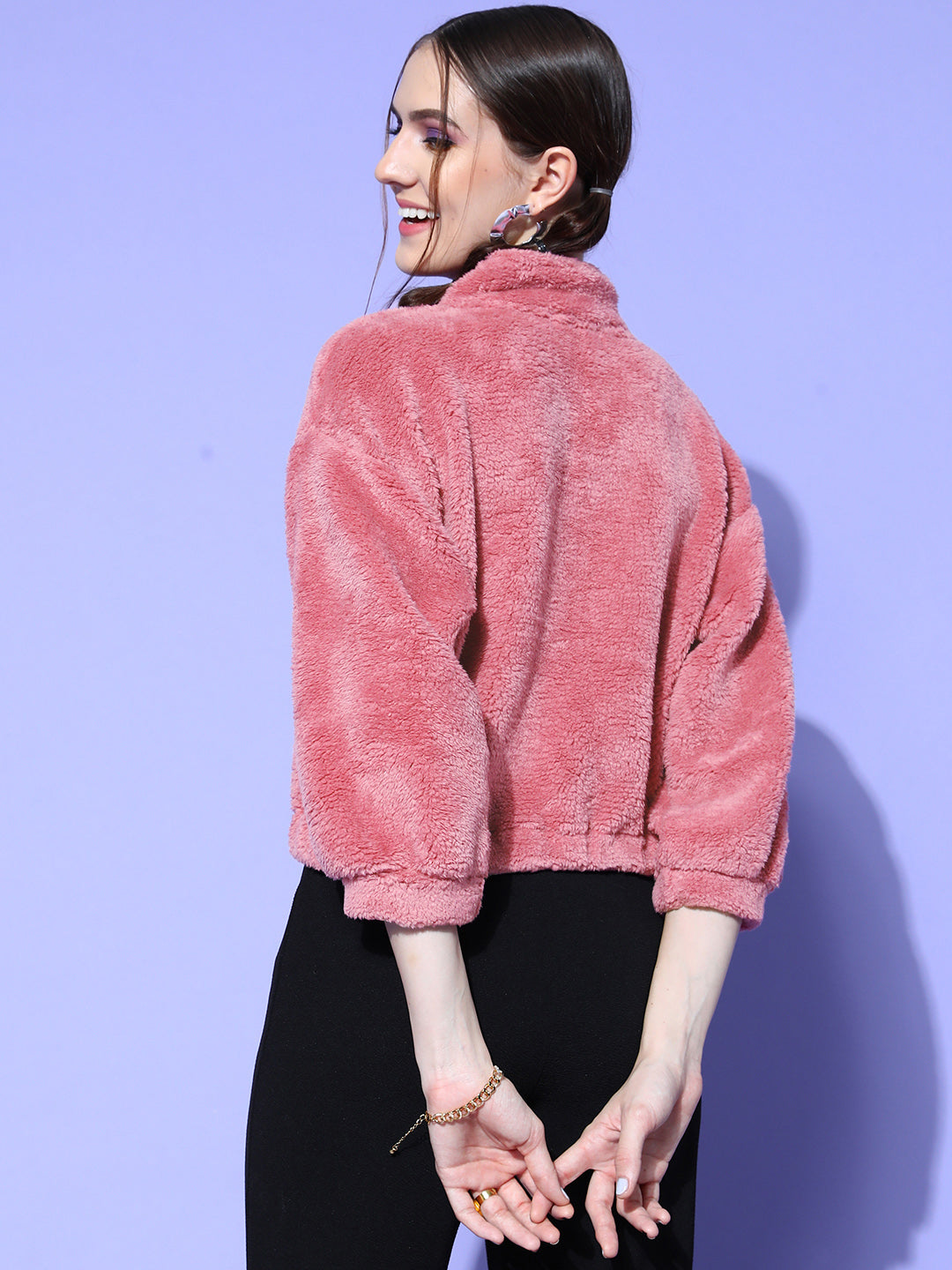 Women Pink Fur Zipper Sweatshirt