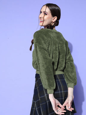 Women Olive V-Neck Fur Crop Sweatshirt