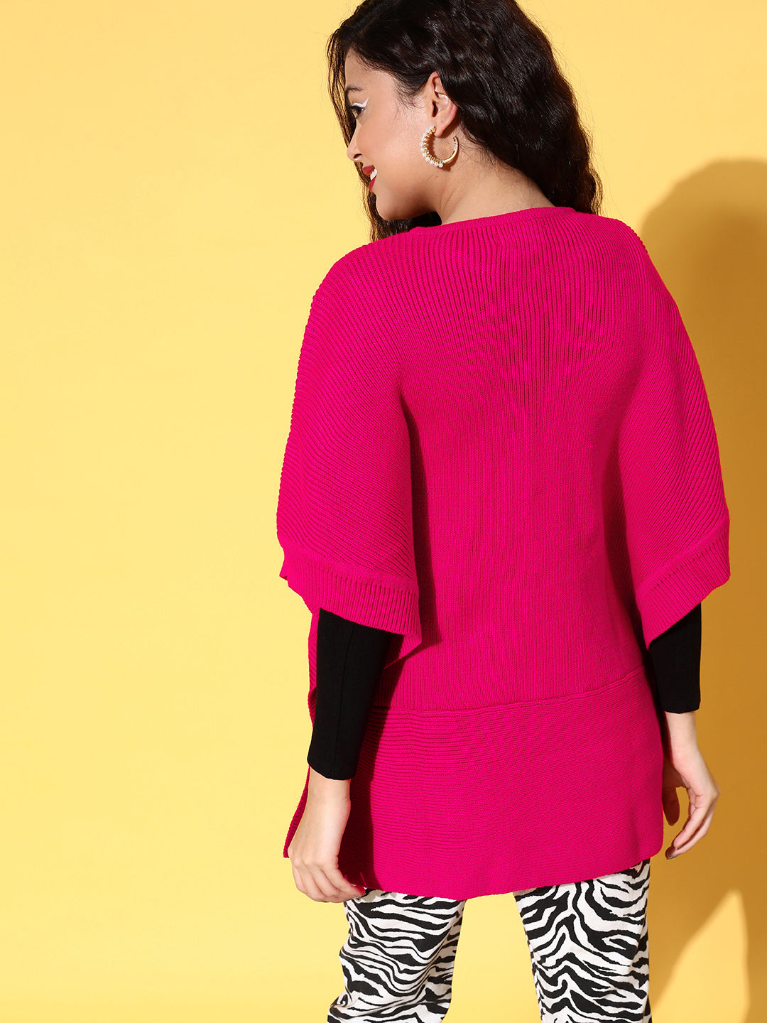 Fuchsia Knit Side Button Poncho Sweater-SASSAFRAS