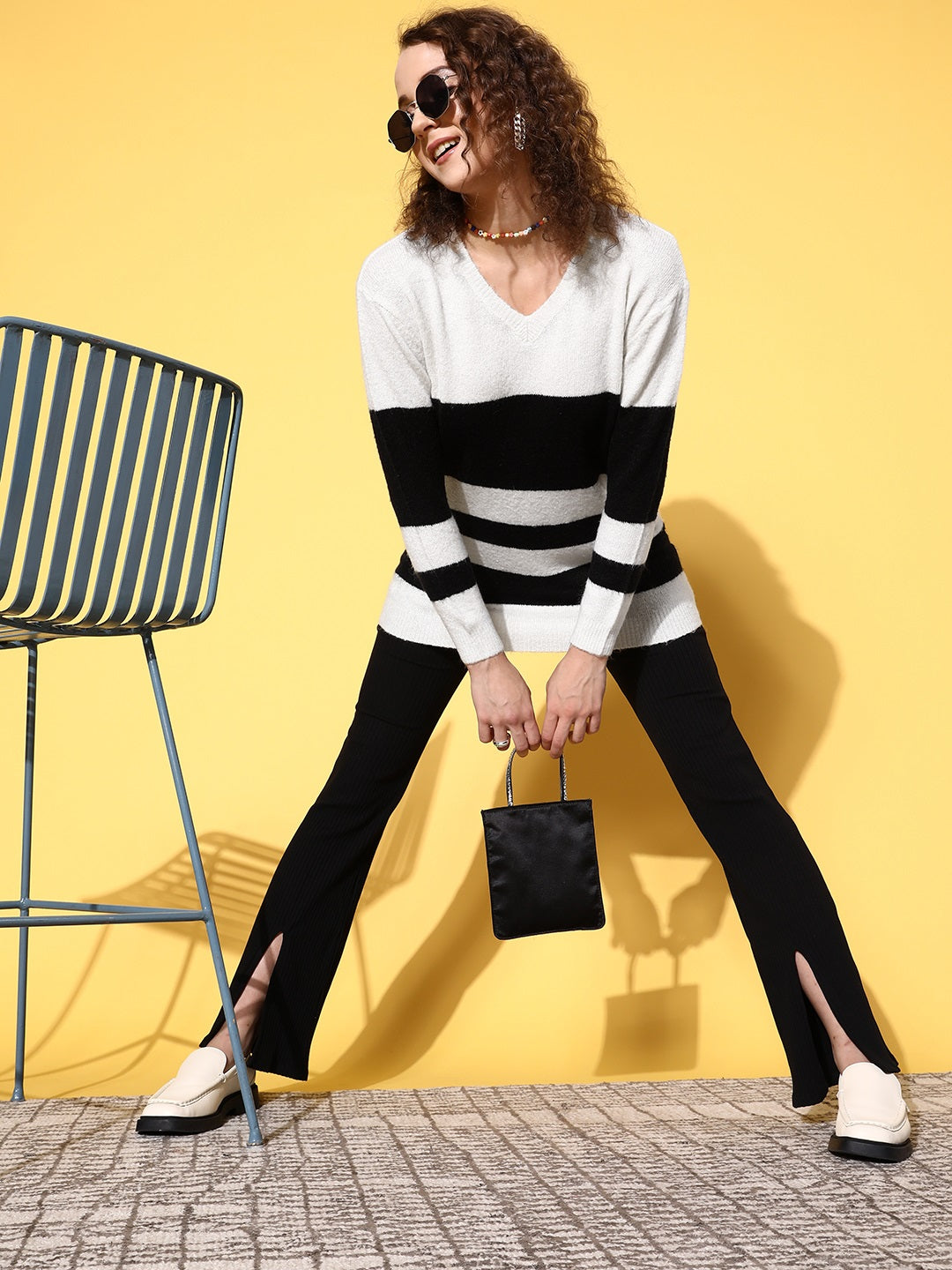 White & Black Striped Rib V Neck Sweater-SASSAFRAS