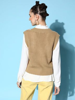 Brown Houndstooth V-Neck Sleeveless Sweater-SASSAFRAS