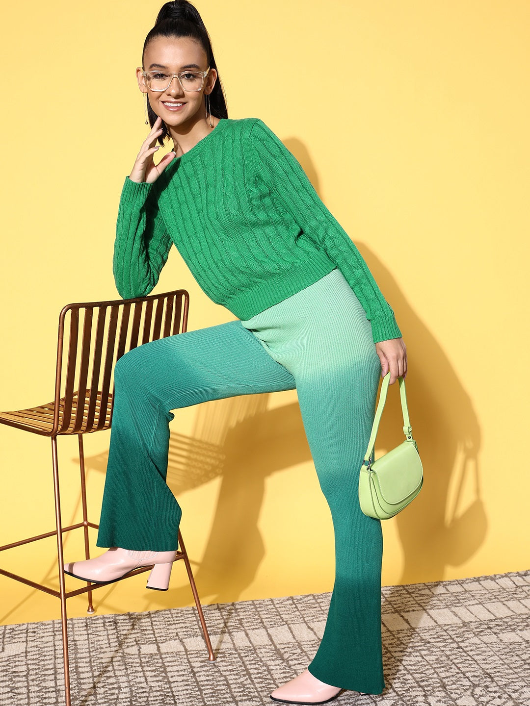 Green Cableknit Full Sleeves Sweater-SASSAFRAS