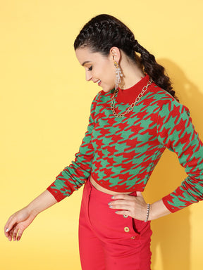 Red And Green Houndstooth Crop Sweater-SASSAFRAS