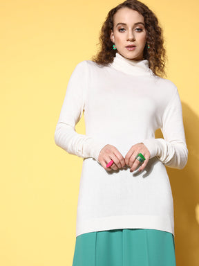 White Rib High Neck Button Detail Sweater-SASSAFRAS