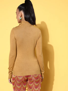 Beige Rib High Neck Button Detail Sweater-SASSAFRAS