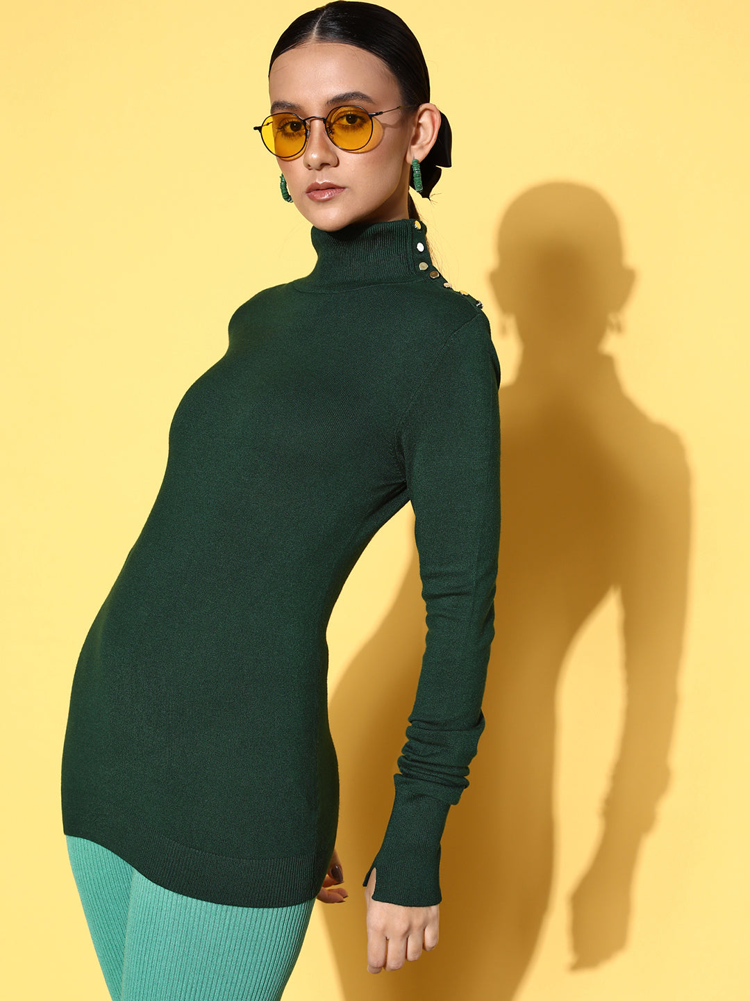 Green Rib High Neck Button Detail Sweater-SASSAFRAS